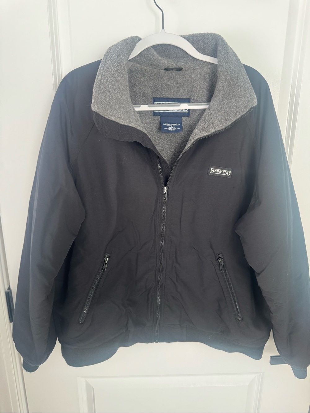 Lands End Squall Jacket L 42-44 Black Fleece Lined Bomber Made in USA